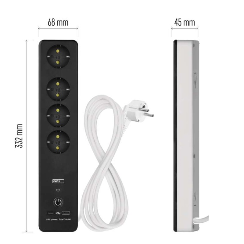 GoSmart hosszabbító 2 m / 4 aljzat / kapcsolós / USB / fehér-fekete / PVC / 1,5 mm2