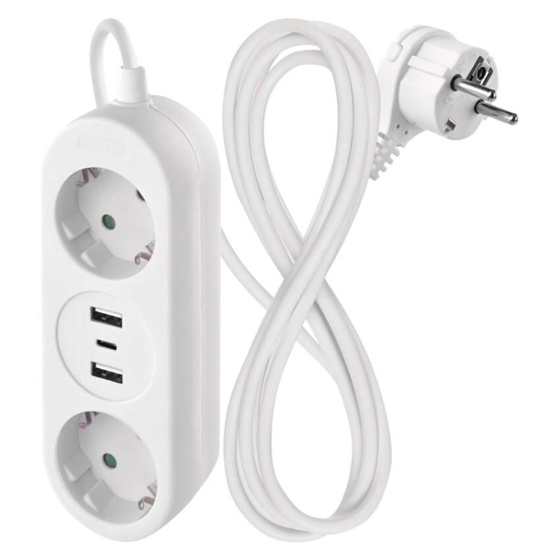 Pagarinātājs 1,4 m / 2 kontaktligzdas + 2×USB-A+1×USB-C / balts / PVC / 1,5 mm2