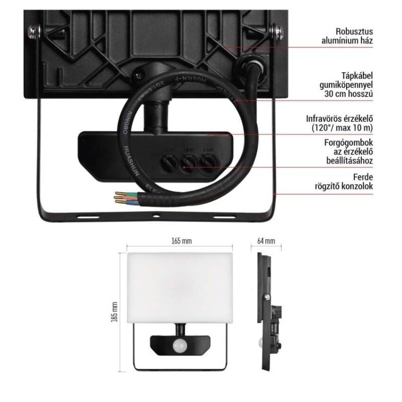 LED-es reflektor TAMBO mozgásérzékelővel, 30 W, 3000 lm, fekete