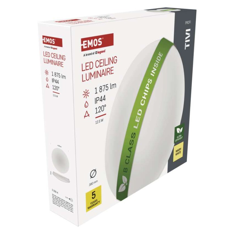 LED stropna svetilka TIVI, B CLASS, okrogla bela 12,5W, IP44, Toplo bel