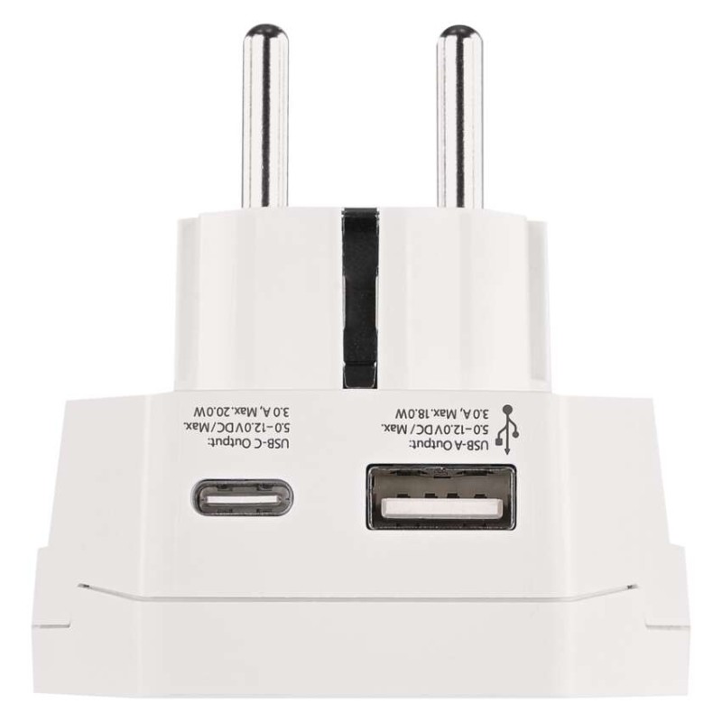 Cestovní univerzální adaptér pro cizince do střední Evropy, 1×USB-C, 1×USB-A