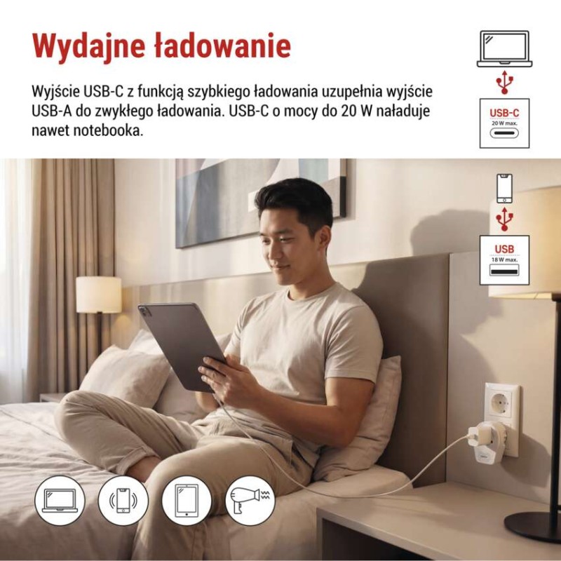 Adapter podróżny do Europy Centralnej, biały, 1×USB-C, 1×USB-A