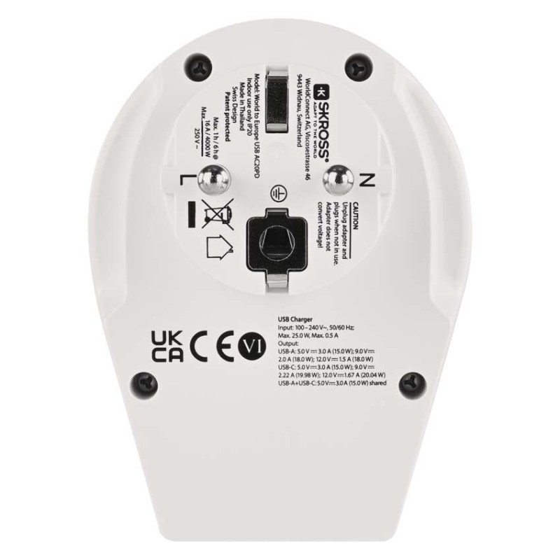 Adapter podróżny do Europy Centralnej, biały, 1×USB-C, 1×USB-A