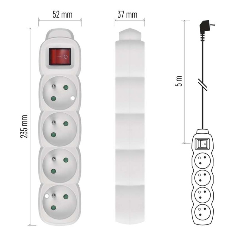 Prodlužovací kabel 5 m / 4 zásuvky / s vypínačem / bílý / PVC / 1 mm2