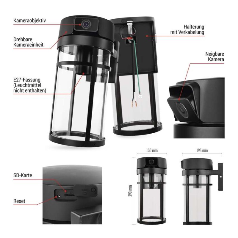 GoSmart Rotierende Outdoor IP Kamera mit WiFi und Licht IP-1300 LANTERN, schwarz