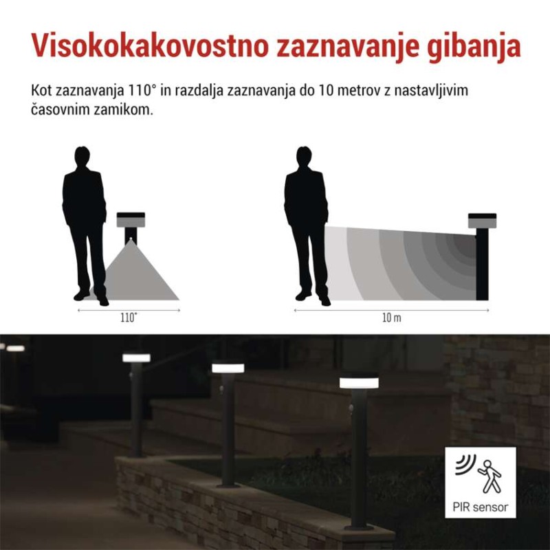 Vrtna LED stoječa svetilka TERION s PIR senzorjem, 12,5 x 12,5 x 50 cm