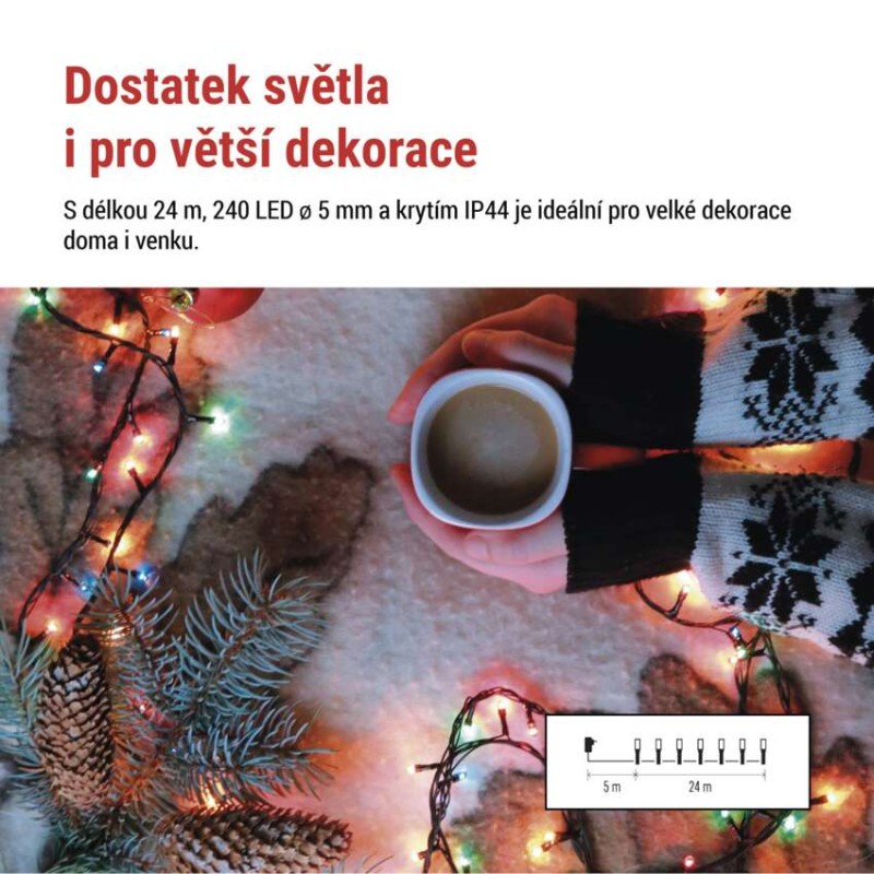 LED vánoční řetěz, 24 m, venkovní i vnitřní, multicolor, programy, časovač