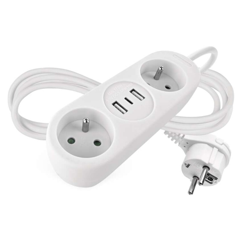 Prodlužovací kabel 1,4 m / 2 zásuvky+2×USB-A+1×USB-C / s vypínačem  / bílý / PVC / 1,5 mm2