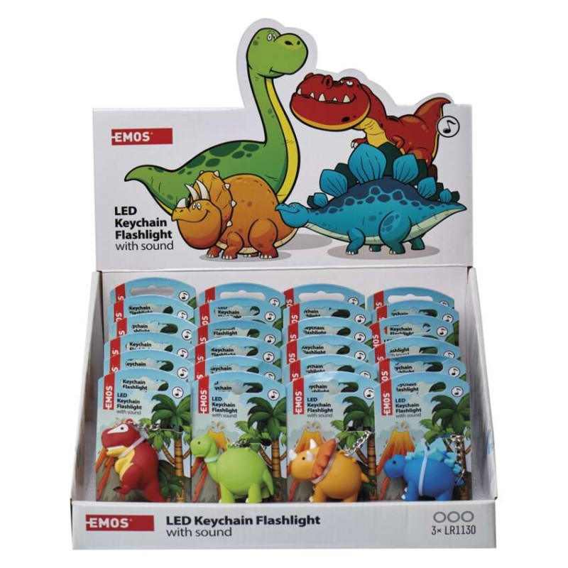LED klíčenka – dinosauři se zvukem na LR54, 24 ks, display box