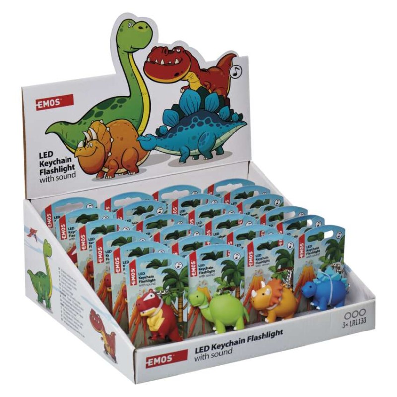 LED klíčenka – dinosauři se zvukem na LR54, 24 ks, display box