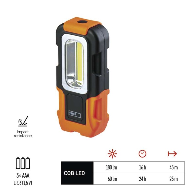 COB LED pracovní svítilna P3888, 180 lm, 3× AAA