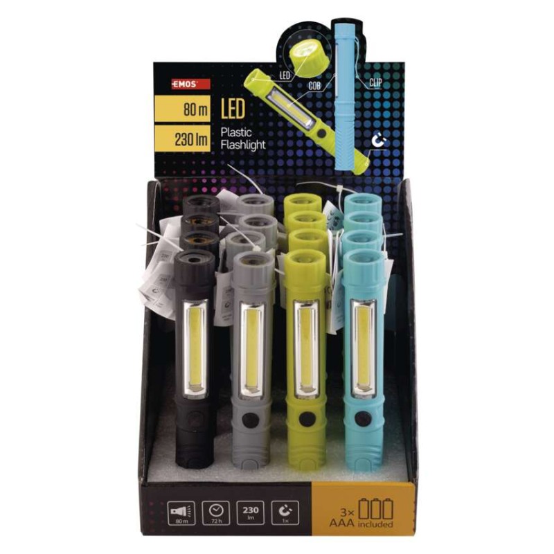 COB LED + LED ruční svítilna P3897, 230 lm, 3× AAA, 16 ks, display box