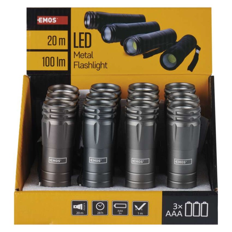 COB LED ruční kovová svítilna P4705, 100 lm, 3× AAA, 12 ks, display box