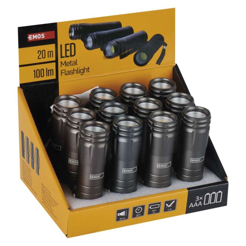 COB LED ruční kovová svítilna P4705, 100 lm, 3× AAA, 12 ks, display box
