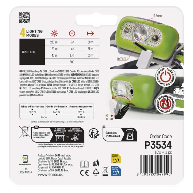 CREE LED nabíjecí čelovka P3534, 230 lm, Li-Pol 1200 mAh