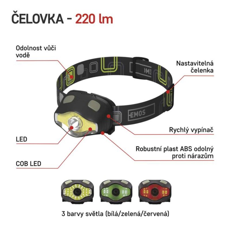 COB LED + LED čelovka P3536, 220 lm, 100 m, 3× AAA