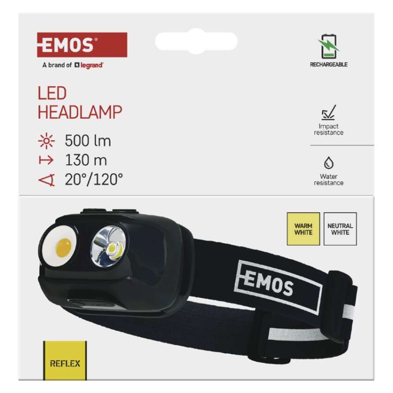 COB LED nabíjecí čelovka P3542, 500lm, 130m, Li-pol 1200 mAh