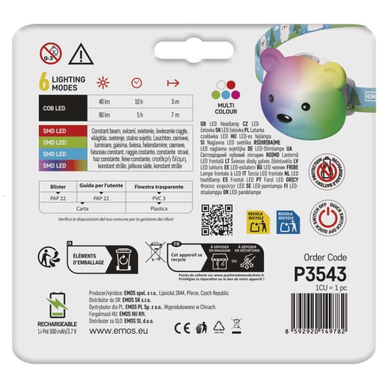 LED nabíjecí čelovka medvěd P3543, 80 lm, 7 m, Li-Pol 500 mAh