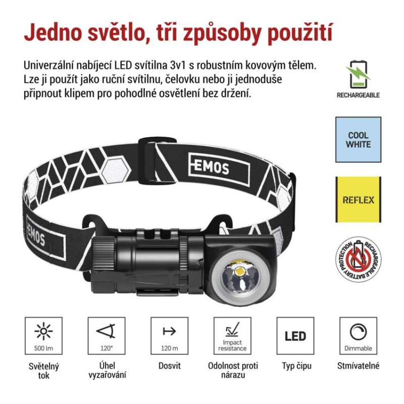 LED nabíjecí čelovka P3544, 500 lm, 120 m, Li-Ion 800 mAh