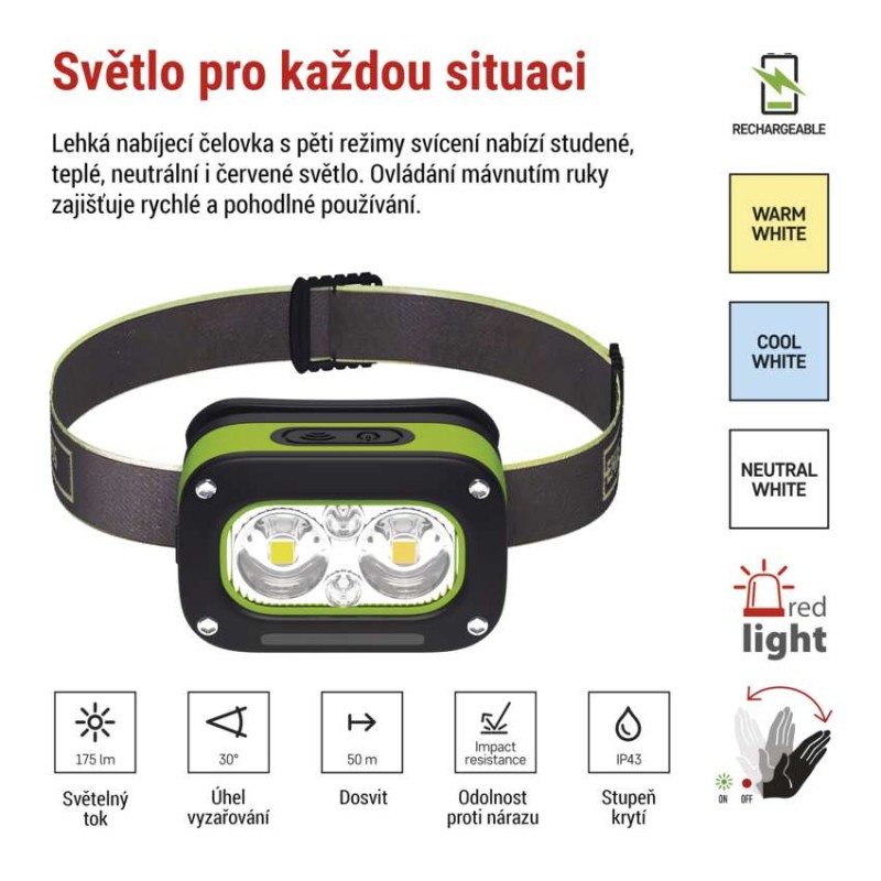 LED nabíjecí čelovka P3545, 175 lm, 50 m, Li-Pol 800 mAh