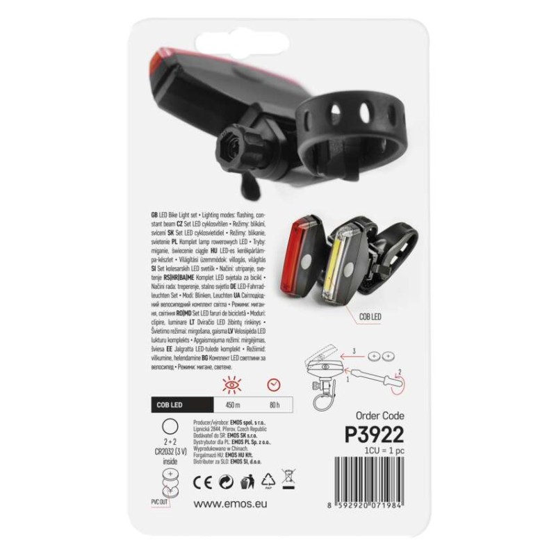 LED přední + zadní svítilna na kolo P3922 na 2× CR2032, 22 lm