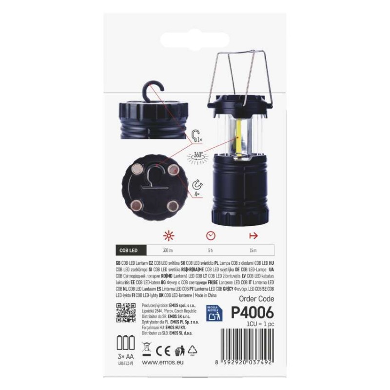 COB LED kempingová svítilna P4006, 300 lm, 3× AA