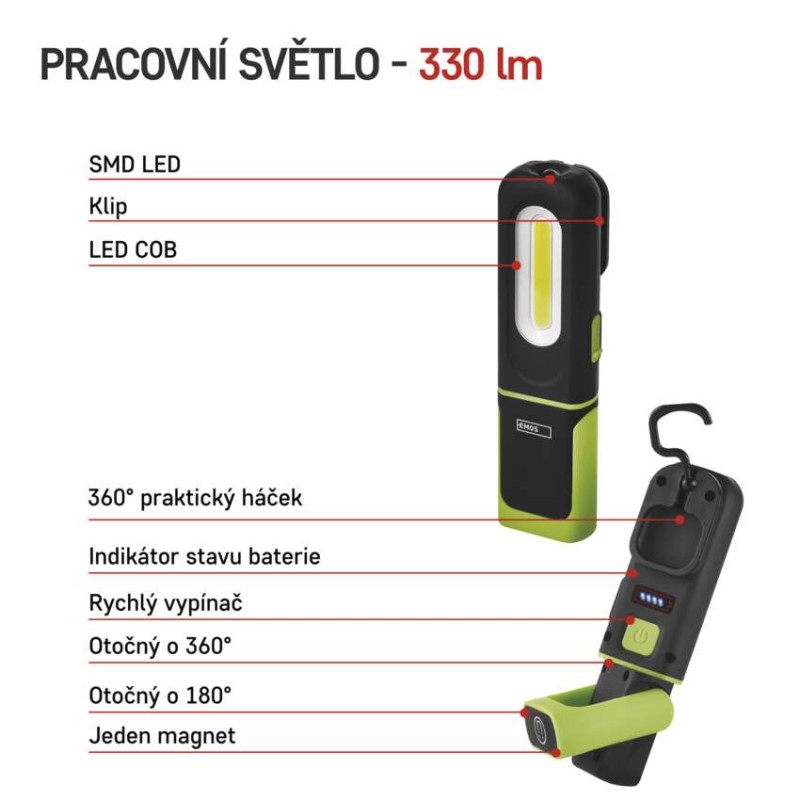 COB LED + SMD LED nabíjecí svítilna P4537, 330 lm, 1200 mAh