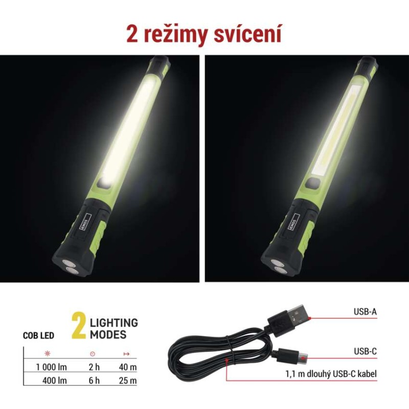 COB LED nabíjecí prac. svítilna P4545, 1000 lm, 2600 mAh