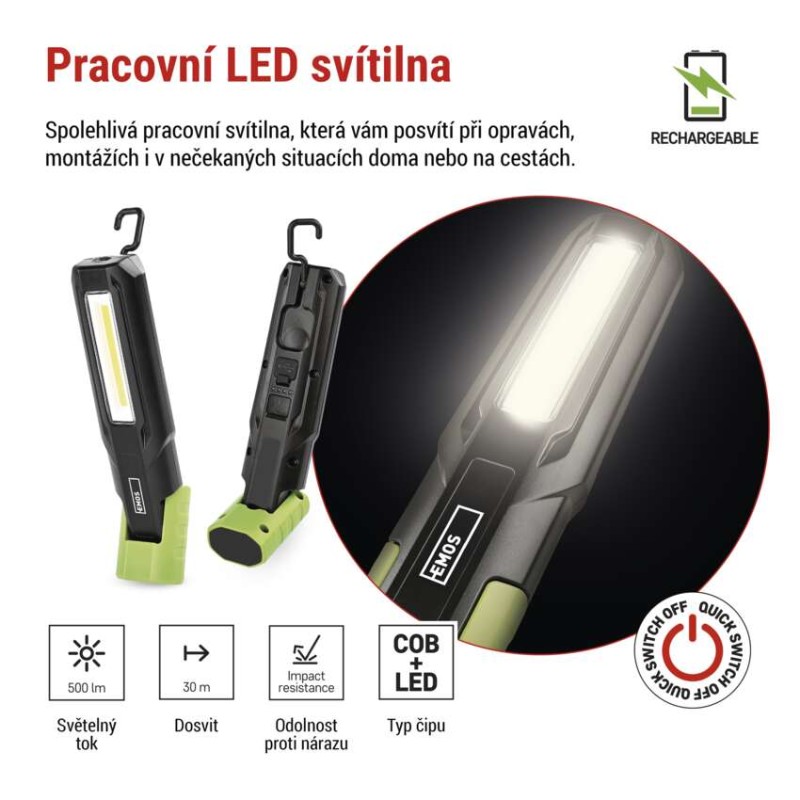 COB LED+LED nabíjecí svítilna P4546, 500 lm, 2000 mAh
