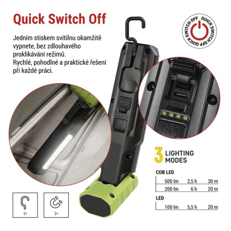 COB LED+LED nabíjecí svítilna P4546, 500 lm, 2000 mAh