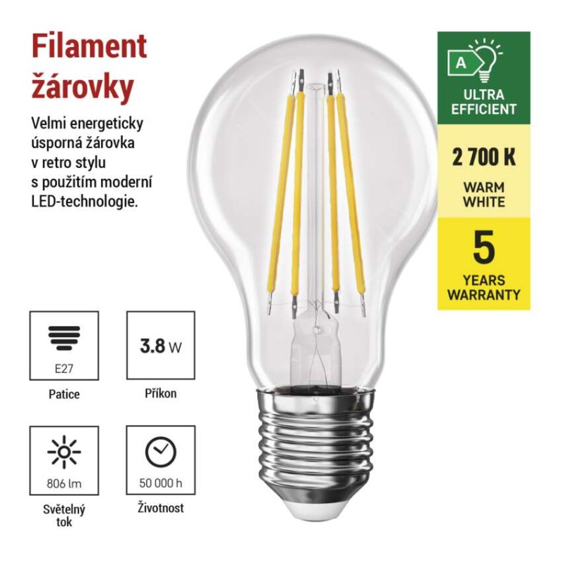 LED žárovka Filament A60 / E27 / 3,8 W (60 W) / 806 lm / teplá bílá