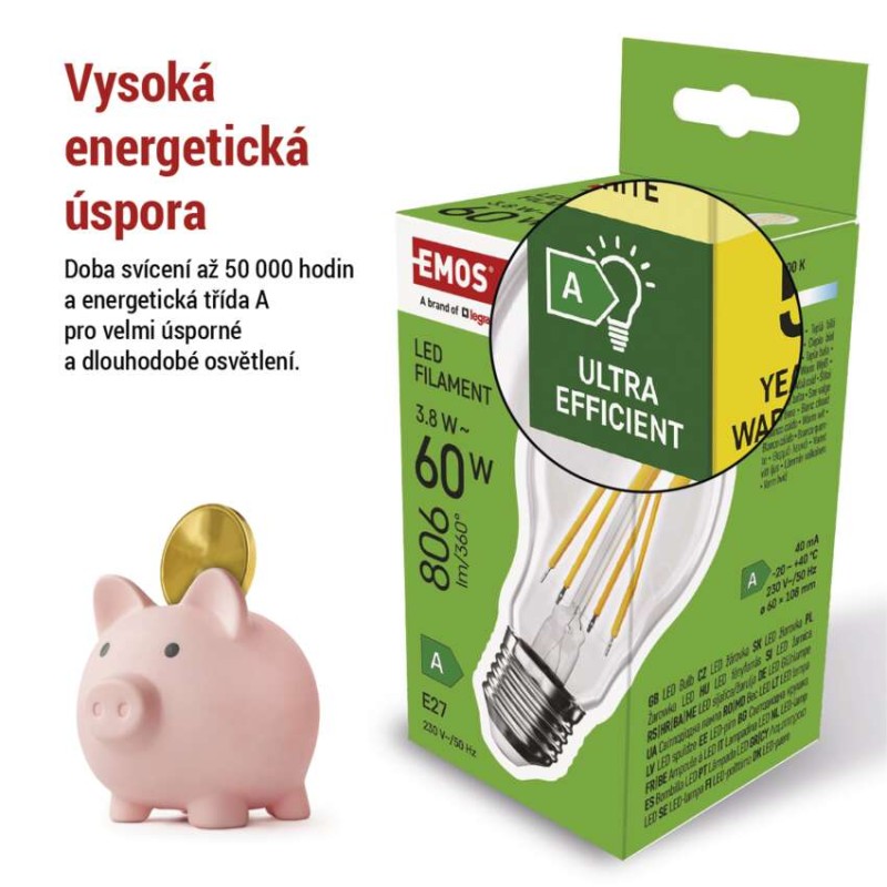 LED žárovka Filament A60 / E27 / 3,8 W (60 W) / 806 lm / teplá bílá