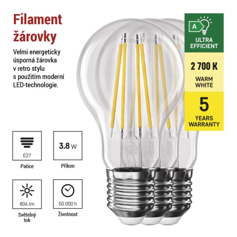LED žárovka Filament A60 / E27 / 3,8 W (60 W) / 806 lm / teplá bílá