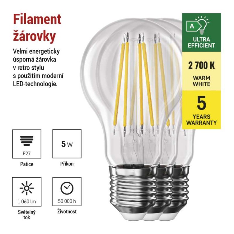LED žárovka Filament A60 / E27 / 5 W (75 W) / 1 060 lm / teplá bílá