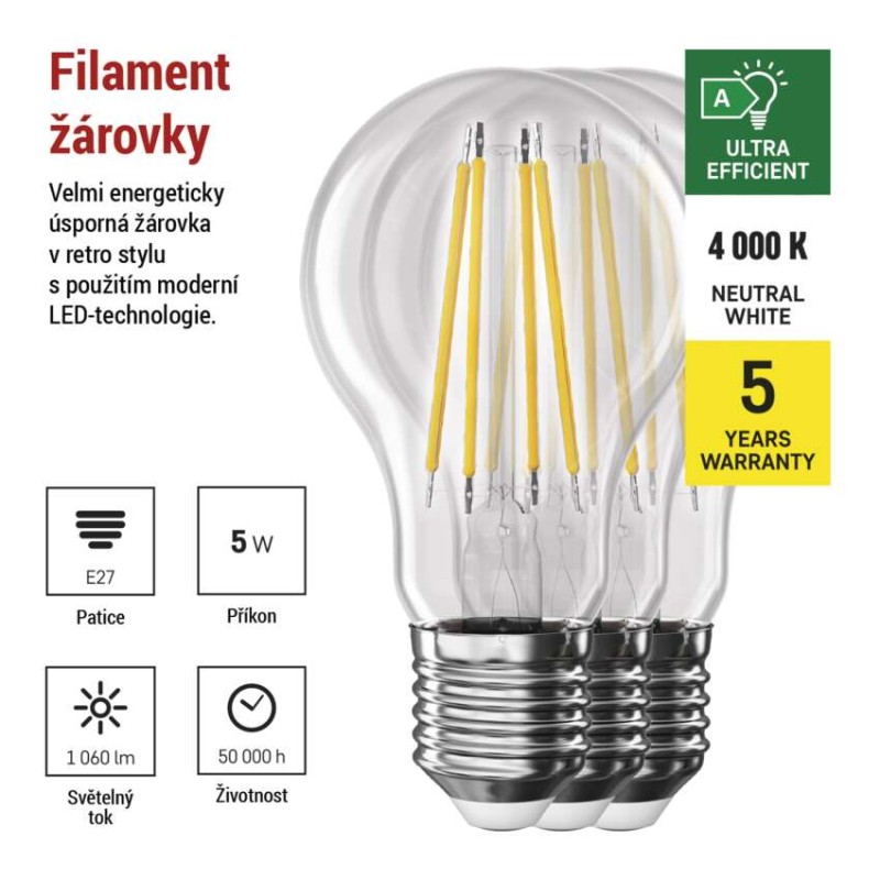 LED žárovka Filament A60 / E27 / 5 W (75 W) / 1 060 lm / neutrální bílá