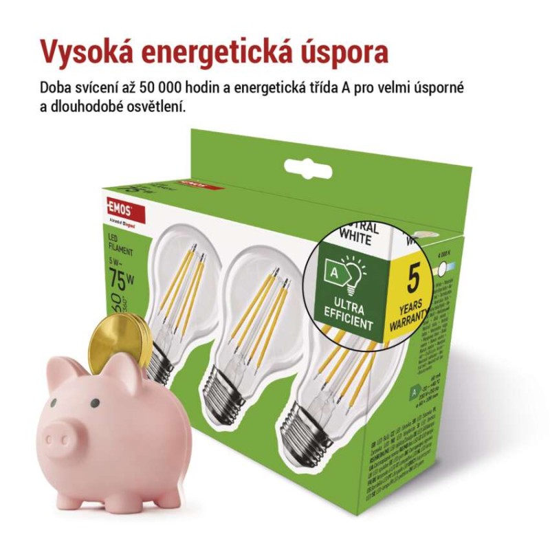 LED žárovka Filament A60 / E27 / 5 W (75 W) / 1 060 lm / neutrální bílá