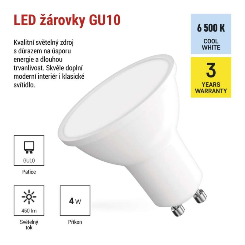 LED žárovka Classic MR16 bílá / GU10 / 4 W (39 W) / 450 lm / studená bílá