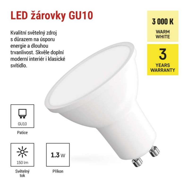 LED žárovka Classic MR16 bílá / GU10 / 1,3 W (16 W) / 150 lm / teplá bílá