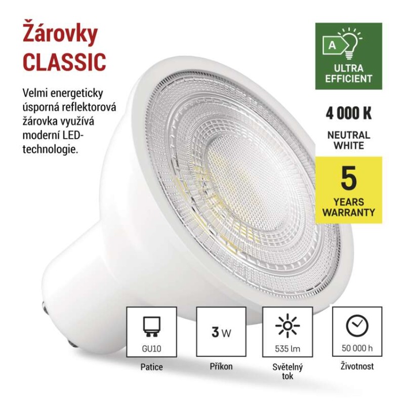LED žárovka Classic MR16 / GU10 / 3 W (40 W) / 535 lm / Neutrální bílá