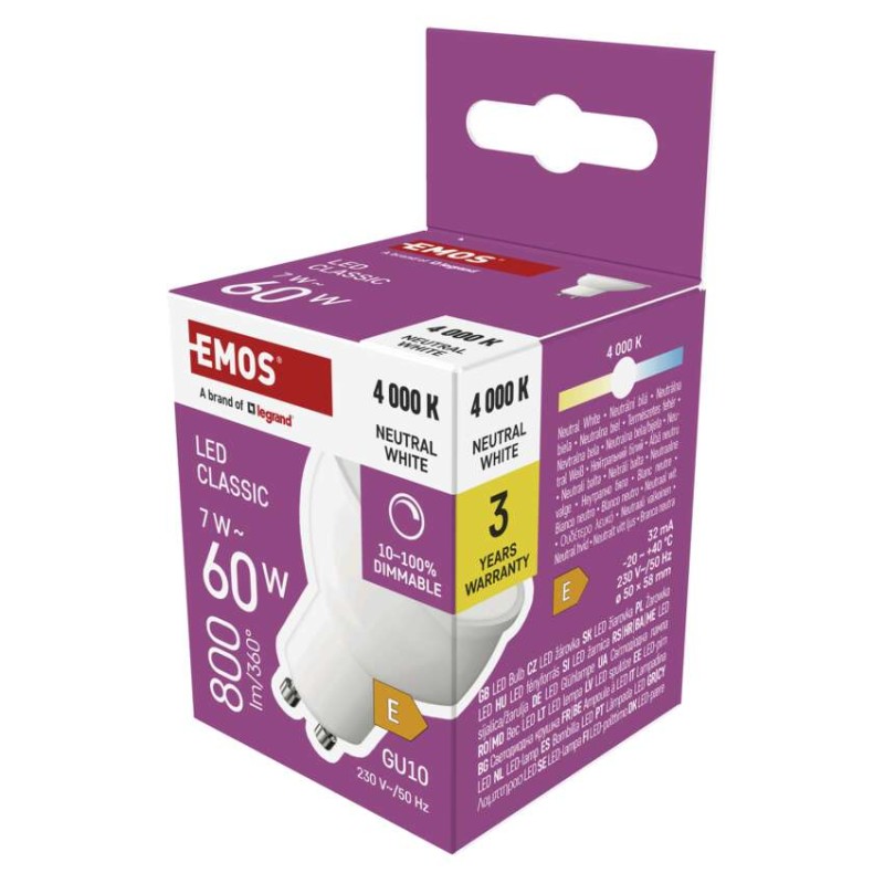 LED žárovka Classic MR16 / GU10 / 7 W (60 W) / 800 lm / neutrální bílá / stmívatelná