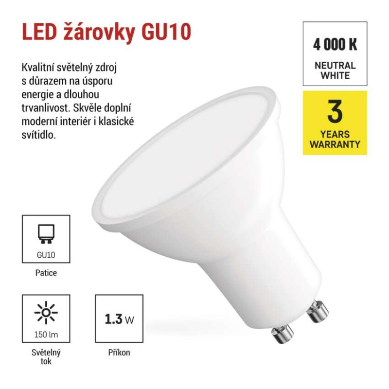LED žárovka Classic MR16 bílá / GU10 / 1,3 W (16 W) / 150 lm / neutrální bílá