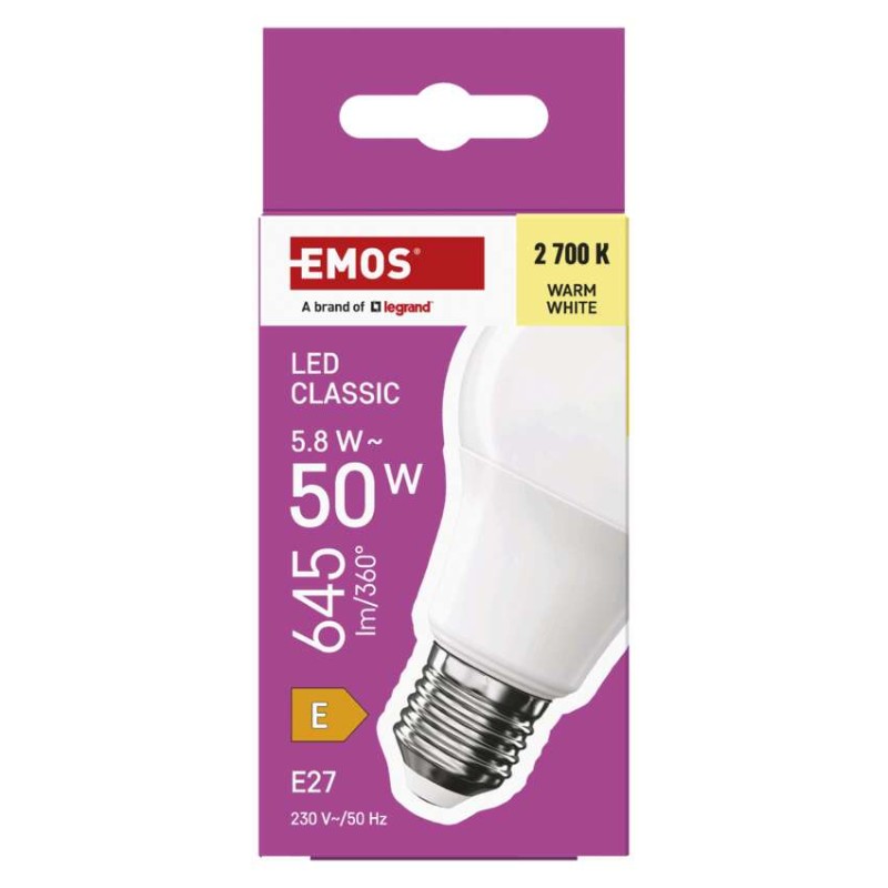 LED žárovka Classic A60 / E27 / 5,8 W (50 W) / 645 lm / teplá bílá
