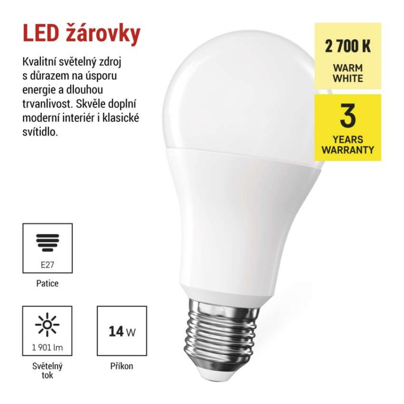 LED žárovka Classic A60 / E27 / 14 W (120 W) / 1901 lm / teplá bílá