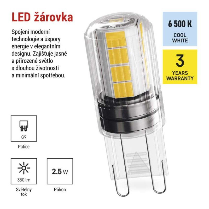 LED žárovka Classic JC / G9 / 2,5 W (32 W) / 350 lm / studená bílá