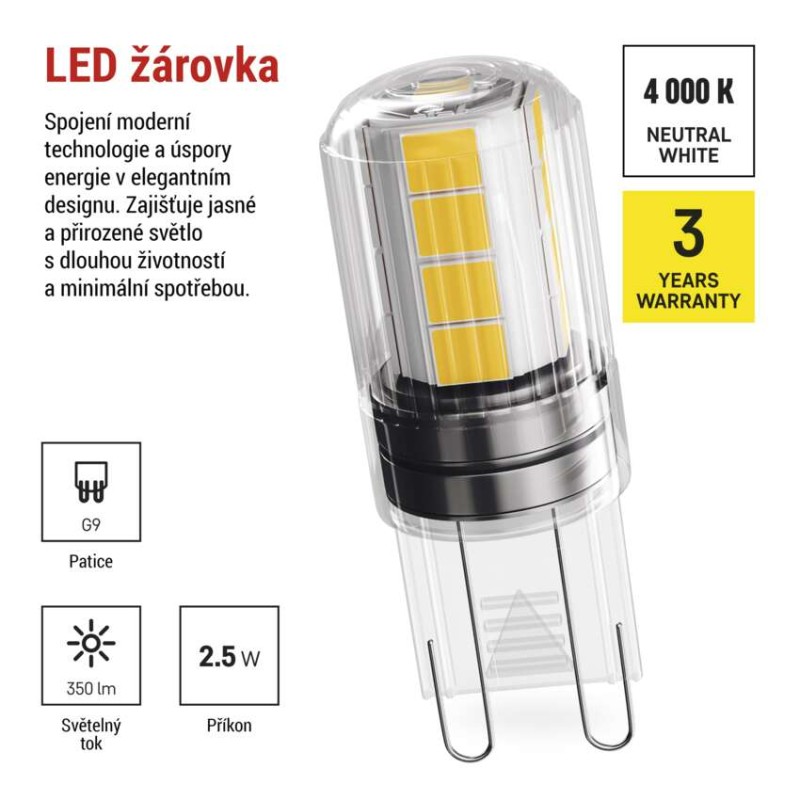 LED žárovka Classic JC / G9 / 2,5 W (32 W) / 350 lm / neutrální bílá
