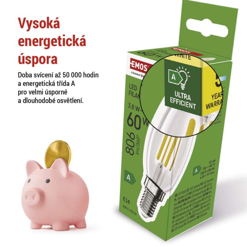 LED žárovka Filament svíčka  A CLASS / E14 / 3,8 W (60 W) / 806 lm / teplá bílá