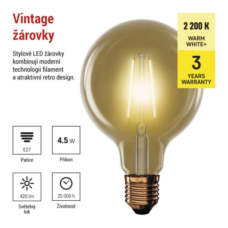 LED žárovka Vintage G95 / E27 / 4,5 W (40 W) / 420 lm / teplá bílá