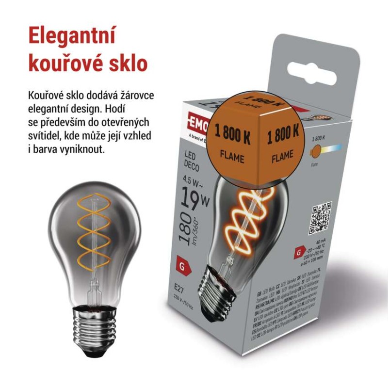 LED žárovka DECO SMOKED A60 / E27 / 4,5 W (19 W) / 180 lm / flame