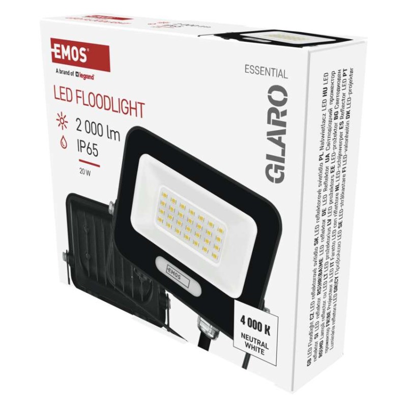 LED reflektor GLARO 20W, černý, IP65, 2000 lm, neutrální bílá