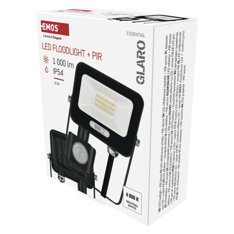 LED reflektor GLARO s pohybovým čidlem, 10 W, černý, IP54, 1000 lm, neutrální bílá